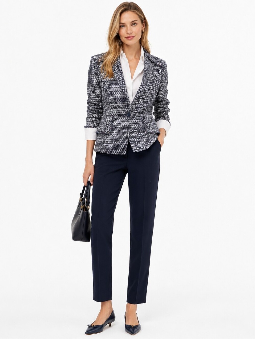Banana Republic Blue White Tweed Fringe Peplum Blazer Jacket Size 10